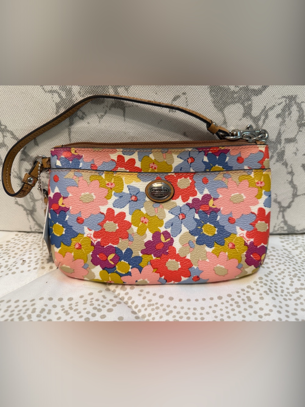 Coach Colorful Floral Wristlet in Pink, Blue & Red